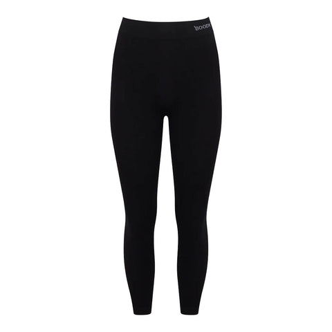 Black full-length leggings with a small white 'boody' brand logo on the upper right hip, shown against a plain white background.