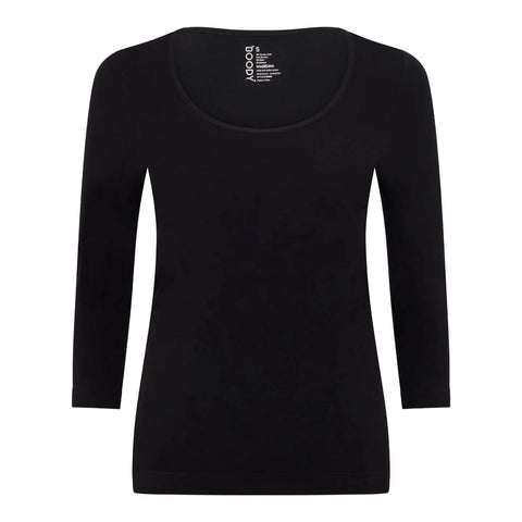 A black three-quarter sleeve top with a wide scoop neckline, shown flat against a plain white background. The brand name 'Boody' is printed in white on the inside of the collar.
