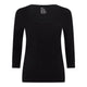 A black three-quarter sleeve top with a wide scoop neckline, shown flat against a plain white background. The brand name 'Boody' is printed in white on the inside of the collar.