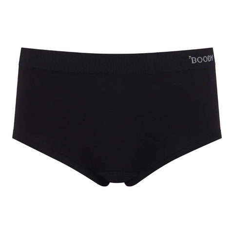 Black women's briefs with a wide ribbed waistband featuring the white 'BOODY' brand logo on the right side, shown against a plain white background.