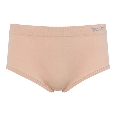 A pair of women's high-waisted briefs in a light peach-beige color, featuring a ribbed waistband with the brand name 'BOODY' printed in gray on the right side, set against a plain white background.