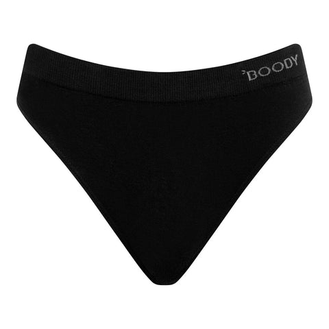Black low-rise underwear brief with a wide ribbed waistband featuring the brand name 'BOODY' in light gray on the right side, shown against a plain white background.