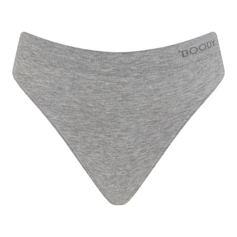 A pair of heather gray low-rise briefs with a ribbed waistband featuring the 'BOODY' brand logo on the right side, displayed against a solid white background.