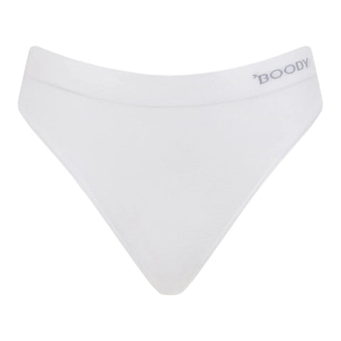 White low-rise G-string bikini bottom with a wide waistband and the brand name 'BOODY' printed in gray on the right side, shown against a plain white background.