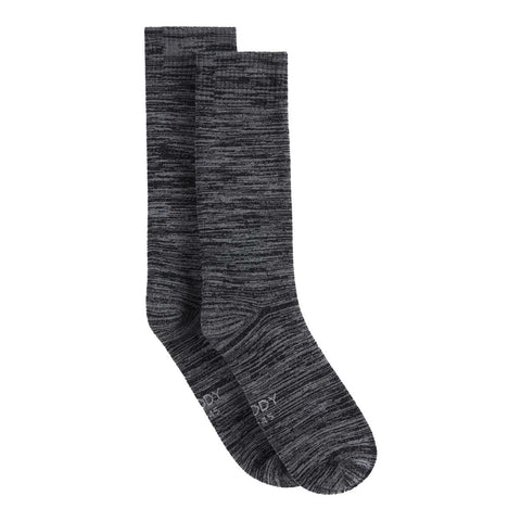 Pair of dark grey marl crew boot socks on a white background.