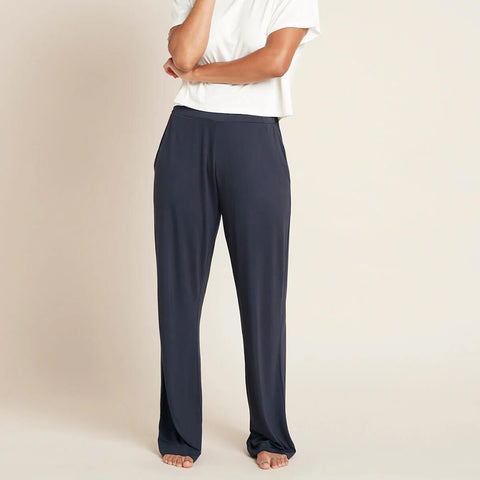 Front of navy blue coloured wide leg pants made of organic bamboo.