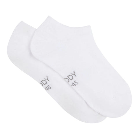 Two white low-cut ankle socks overlapping on a plain white background, with small grey 'BOODY' text printed near the toes.