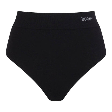 Black ribbed high-waisted briefs with a white printed 'BOODY' brand logo on the right side of the waistband, shown against a plain white background.