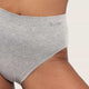 Close-up of a person wearing light heather gray briefs with the brand name BOODY printed on the waistband, against a plain light beige background.
