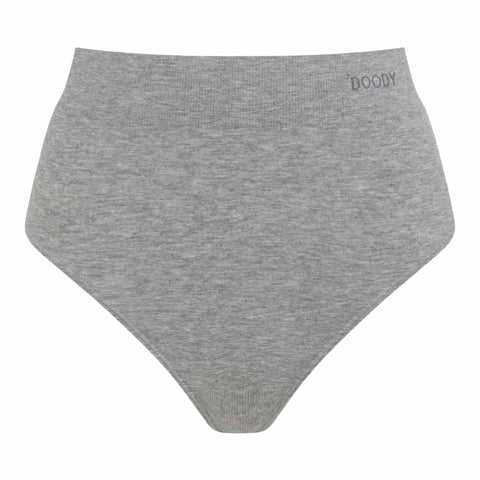 A pair of heather gray high-waisted briefs with a ribbed waistband and leg openings, featuring the brand name 'BOODY' printed in dark gray on the upper right side, shown against a plain white background.