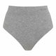 A pair of heather gray high-waisted briefs with a ribbed waistband and leg openings, featuring the brand name 'BOODY' printed in dark gray on the upper right side, shown against a plain white background.