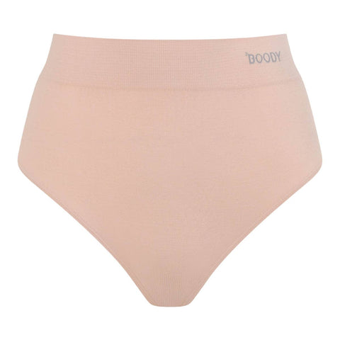 A high-waisted, seamless underwear brief in a light peach-beige color, featuring a ribbed waistband with the brand name 'BOODY' printed in gray on the right side, set against a plain white background.