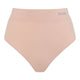 A high-waisted, seamless underwear brief in a light peach-beige color, featuring a ribbed waistband with the brand name 'BOODY' printed in gray on the right side, set against a plain white background.