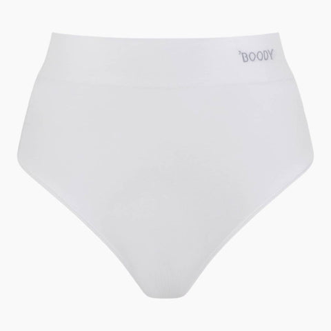 White high-waisted briefs with a wide waistband and the brand name 'BOODY' printed in gray on the right side of the waistband, shown against a plain white background.