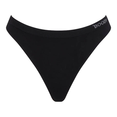Black thong-style underwear with a ribbed waistband and the brand name 'BOODY' printed in white on the right side, shown against a plain white background.