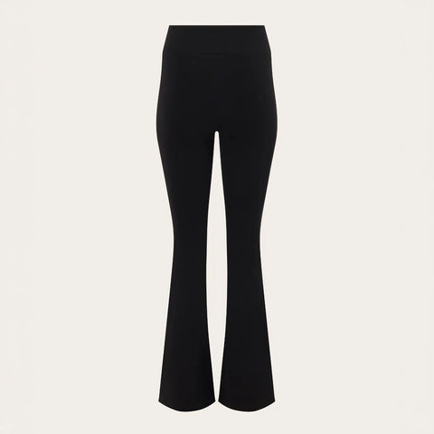 Black flared pants shown on a headless mannequin against a light beige background.