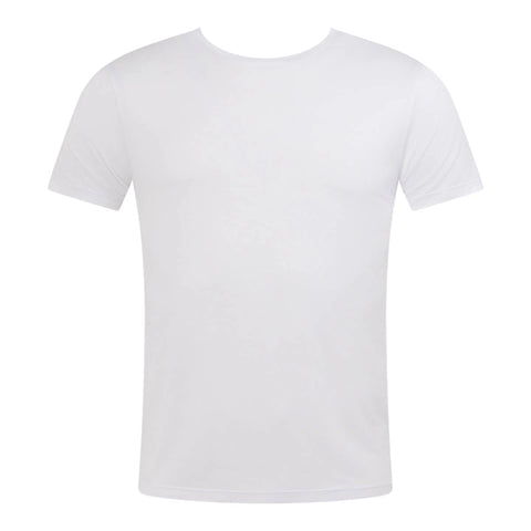A plain white short-sleeve crewneck t-shirt shown against a solid white background.