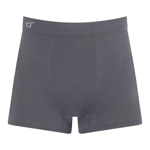 A pair of dark gray ribbed boxer briefs with a small white logo on the left side of the waistband, shown against a plain white background.