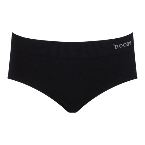 Black women's briefs with a wide ribbed waistband featuring the white 'BOODY' brand logo on the right side, shown against a plain white background.