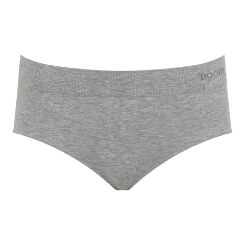 A pair of heather gray low-rise briefs with a ribbed waistband, featuring the brand name 'BOODY' printed in dark gray on the right side of the waistband.