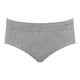 A pair of heather gray low-rise briefs with a ribbed waistband, featuring the brand name 'BOODY' printed in dark gray on the right side of the waistband.