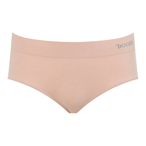 A pair of light peach-beige seamless underwear bottoms with a wide ribbed waistband on a solid white background. The brand name 'BOODY' is printed in gray on the right side of the waistband.