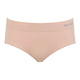 A pair of light peach-beige seamless underwear bottoms with a wide ribbed waistband on a solid white background. The brand name 'BOODY' is printed in gray on the right side of the waistband.