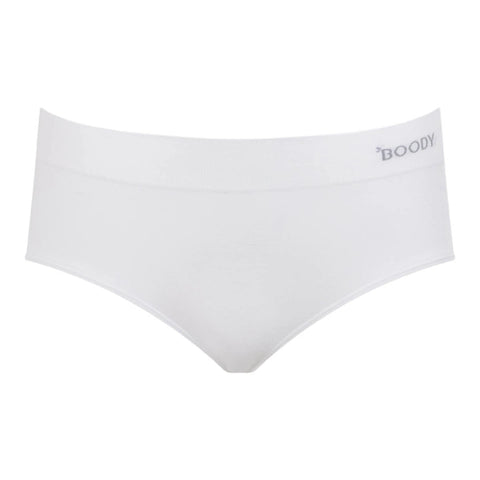 White low-rise briefs with a wide elastic waistband featuring the brand name 'BOODY' printed in gray on the right side, shown against a plain white background.