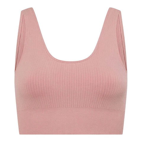 A dusty pink ribbed knit scoop-neck tank top with wide shoulder straps, shown against a plain white background.