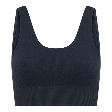A dark navy blue ribbed knit scoop-neck tank top with wide shoulder straps, shown against a plain white background.