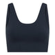 A dark navy blue ribbed knit scoop-neck tank top with wide shoulder straps, shown against a plain white background.