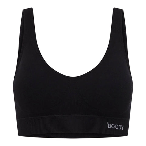 A black scoop-neck sports bra with wide shoulder straps and a ribbed underband, featuring the brand name 'BOODY' in white on the lower right of the band, shown against a plain white background.
