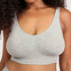 A close-up of a woman wearing a light heather gray ribbed wireless bra with a wide scoop neckline and a small 'BOODY' logo on the lower right band.