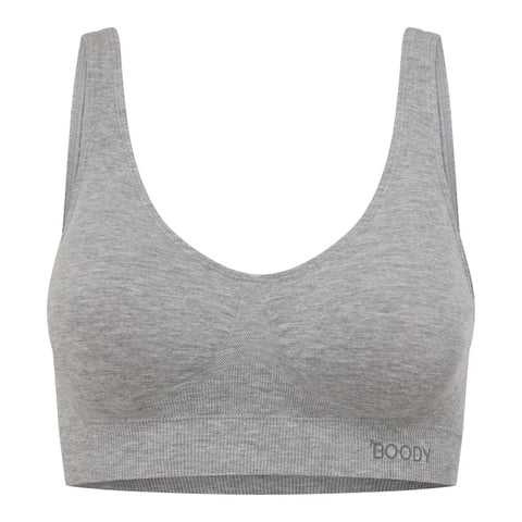 A light gray heather scoop-neck bralette with wide shoulder straps and a ribbed underband, featuring the brand name 'BOODY' printed in dark gray on the lower right side, set against a plain white background.