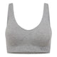 A light gray heather scoop-neck bralette with wide shoulder straps and a ribbed underband, featuring the brand name 'BOODY' printed in dark gray on the lower right side, set against a plain white background.