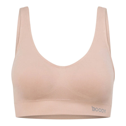 A light beige wireless bralette with wide shoulder straps and a wide ribbed underband, featuring the brand name 'BOODY' printed in gray on the lower right side of the band, set against a plain white background.
