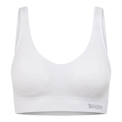 A white wireless bralette with wide shoulder straps and a wide ribbed underband, featuring the brand name 'bOODY' printed in gray on the lower right of the band, set against a plain white background.
