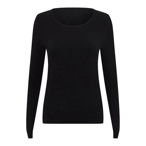 A black long-sleeve crewneck knit top displayed on a clean white background.