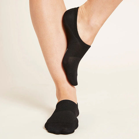 A pair of black low-cut socks modelled on feet.