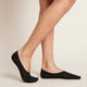 Side view of black no-show socks worn by a model standing against a neutral background