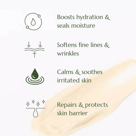 Olive repair cream benefits listed on a white background