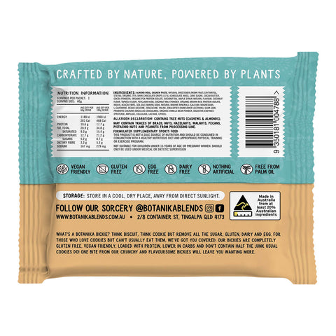 Back of a plant-based snack bar packaging with text and branding.