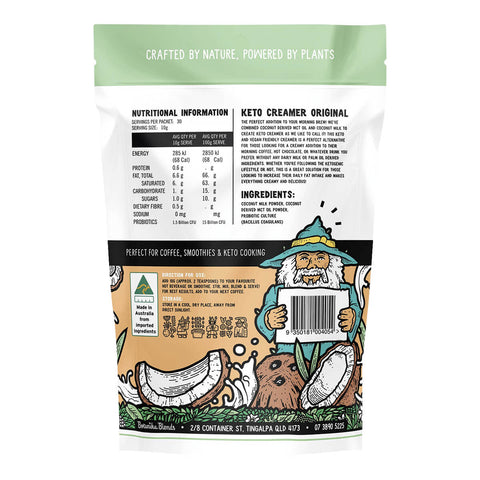 Package of keto creamer with nutritional information and ingredients listed.