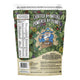 Back of a package with nature-themed design and text, featuring a bar code and nutritional information.