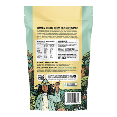 Back of Protein Custard packet showing ingredients and nutritional information with illustrations.