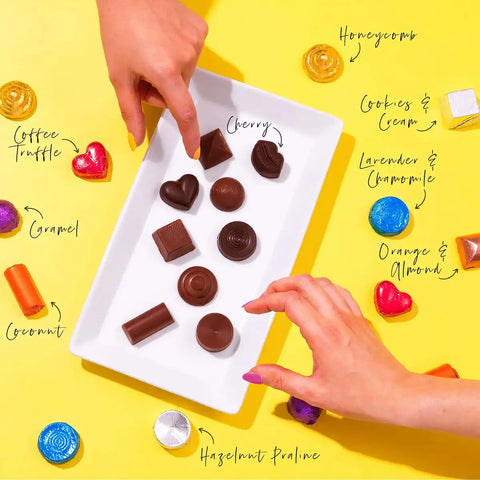 Assorted chocolate candies on a white tray with labeled flavors on a yellow background