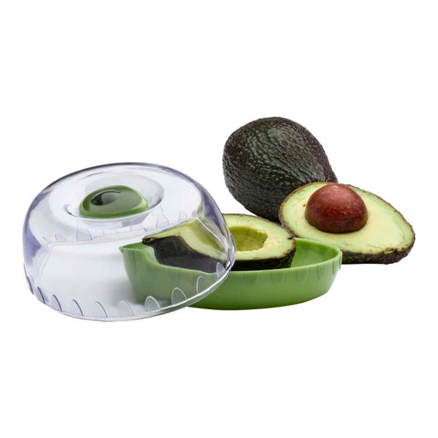 Avocado fresh keeper pod with whole & halved avocadoes on a white background.