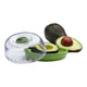 Avocado fresh keeper pod with whole & halved avocadoes on a white background.