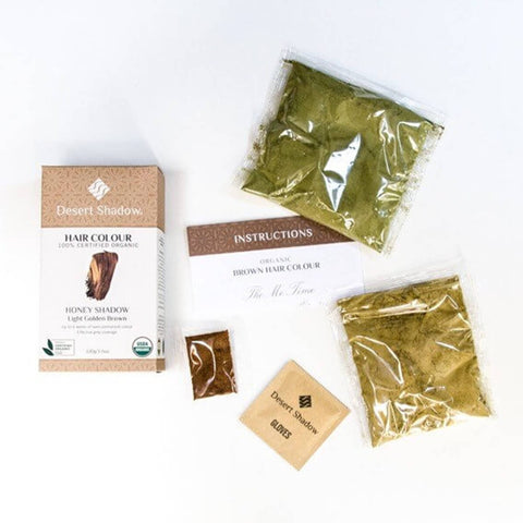 Desert Shadow hair colour kit with packaging, packets, and instructions on a white background.
