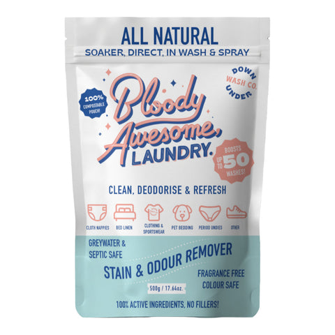 Package of Bloody Awesome Laundry detergent with branding and product details on a white background.